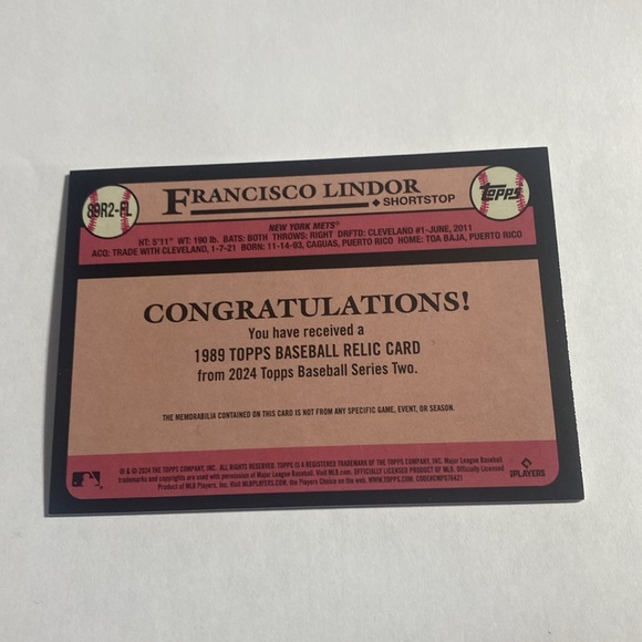 2024 Topps Francisco Lindor Mets Game Used Relic #89R2-FL (052) - Picture 2 of 2
